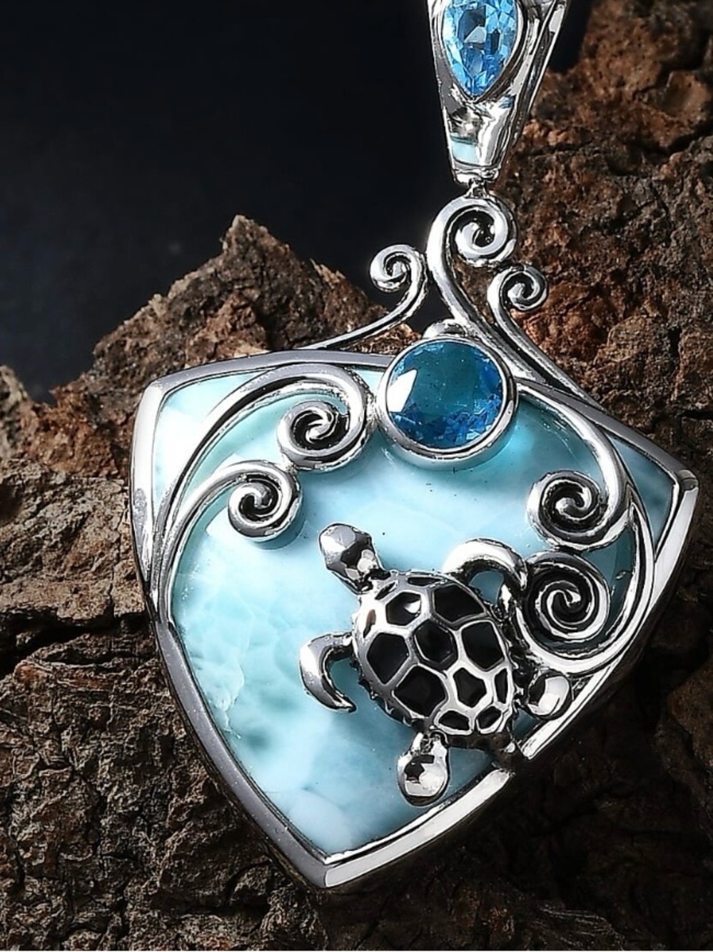 Sterling Silver Blue Larimar Turtle Pendant Necklace